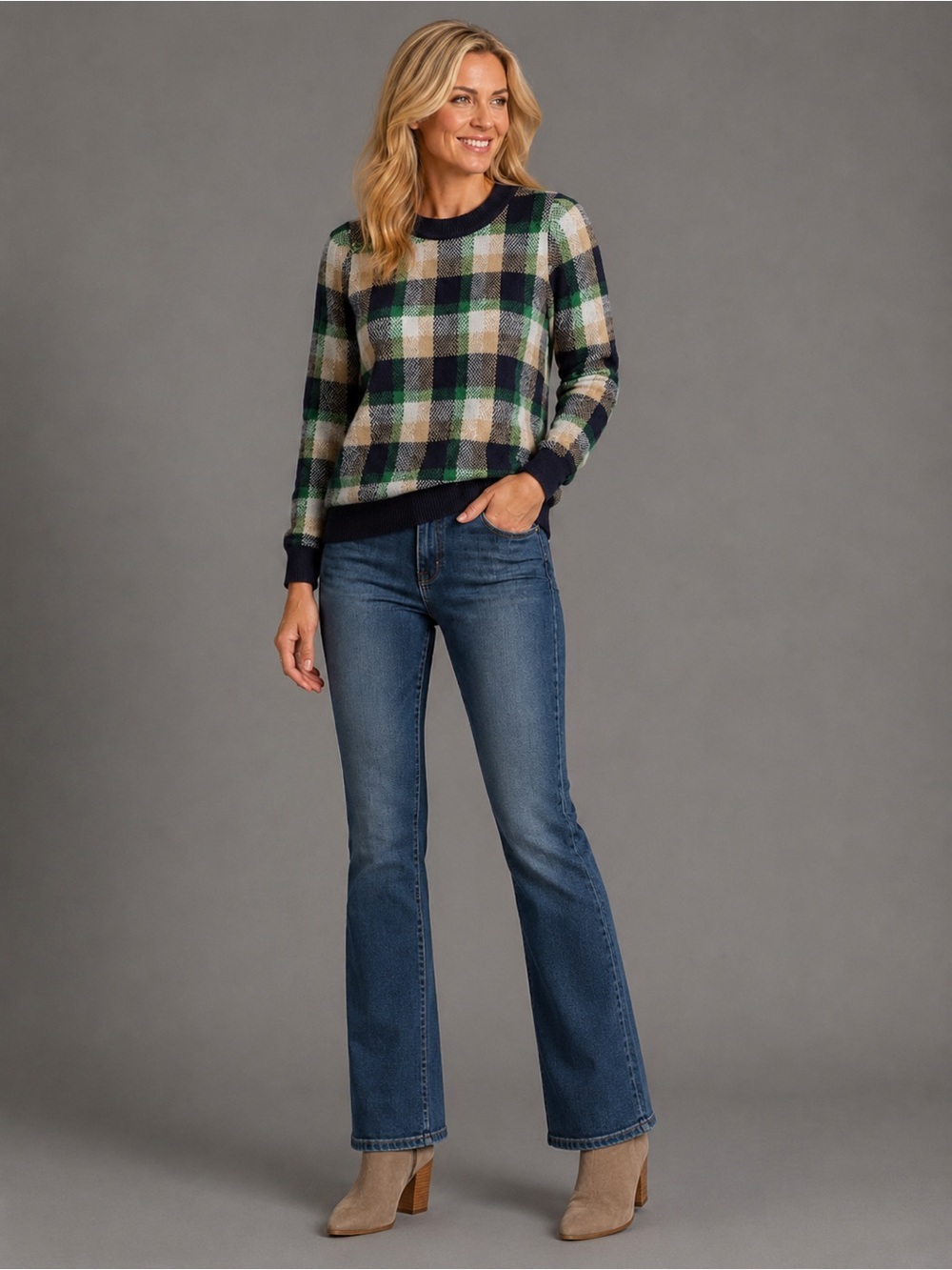 Ann Taylor Green Navy Plaid Crewneck Sweater